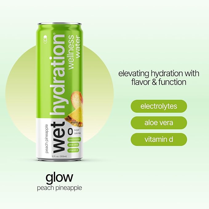 Wet Hydration | Functional Wellness Water, Non-Carbonated - Peach Pineapple (12 Ounce Cans, Pack of 12) - Flavored Water, Hydration Drink, No Sugar, No Artificial Ingredients, Zero Calories (Packaging May Vary) - Bloomnest