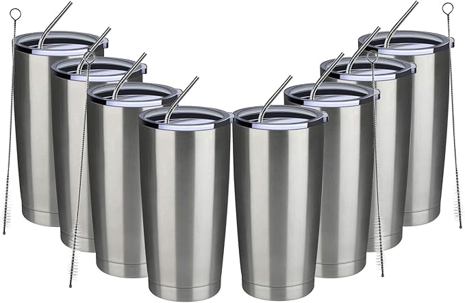 MEWAY 20oz Tumbler 8 Pack Double Wall Vacuum Insulated Travel Mug Bulk, Stainless Steel Tumblers with Lid and Straw, Durable Powder Coated Coffee Cups for Cold & Hot Drinks (Silver, 8) - Bloomnest