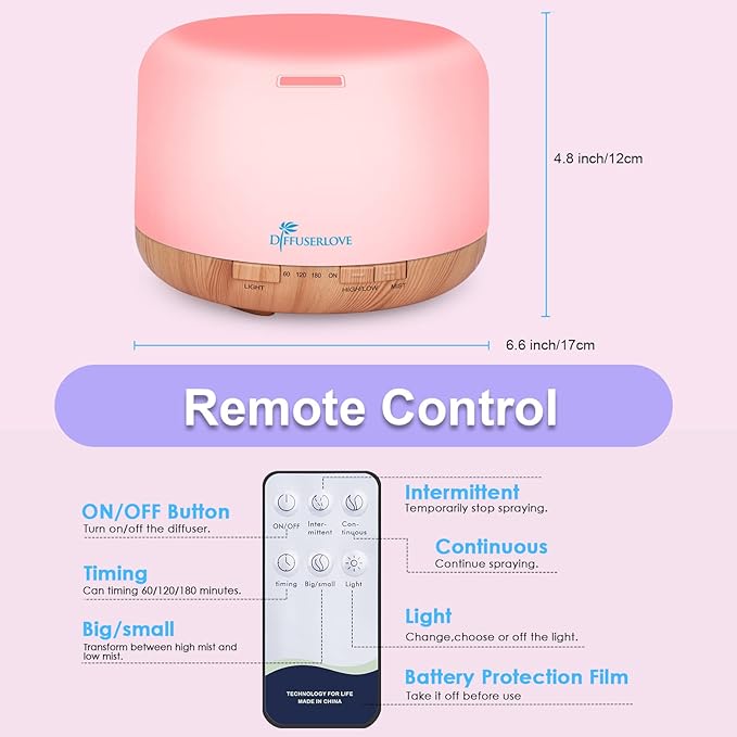 Diffuserlove Diffuser Essential Oil Diffusers 500ML Remote Control Aroma Diffuser Cool Mist Aromatherapy Diffuser with Mute Design, Timer and Auto Shut-Off for Office Living Room Yellow - Bloomnest
