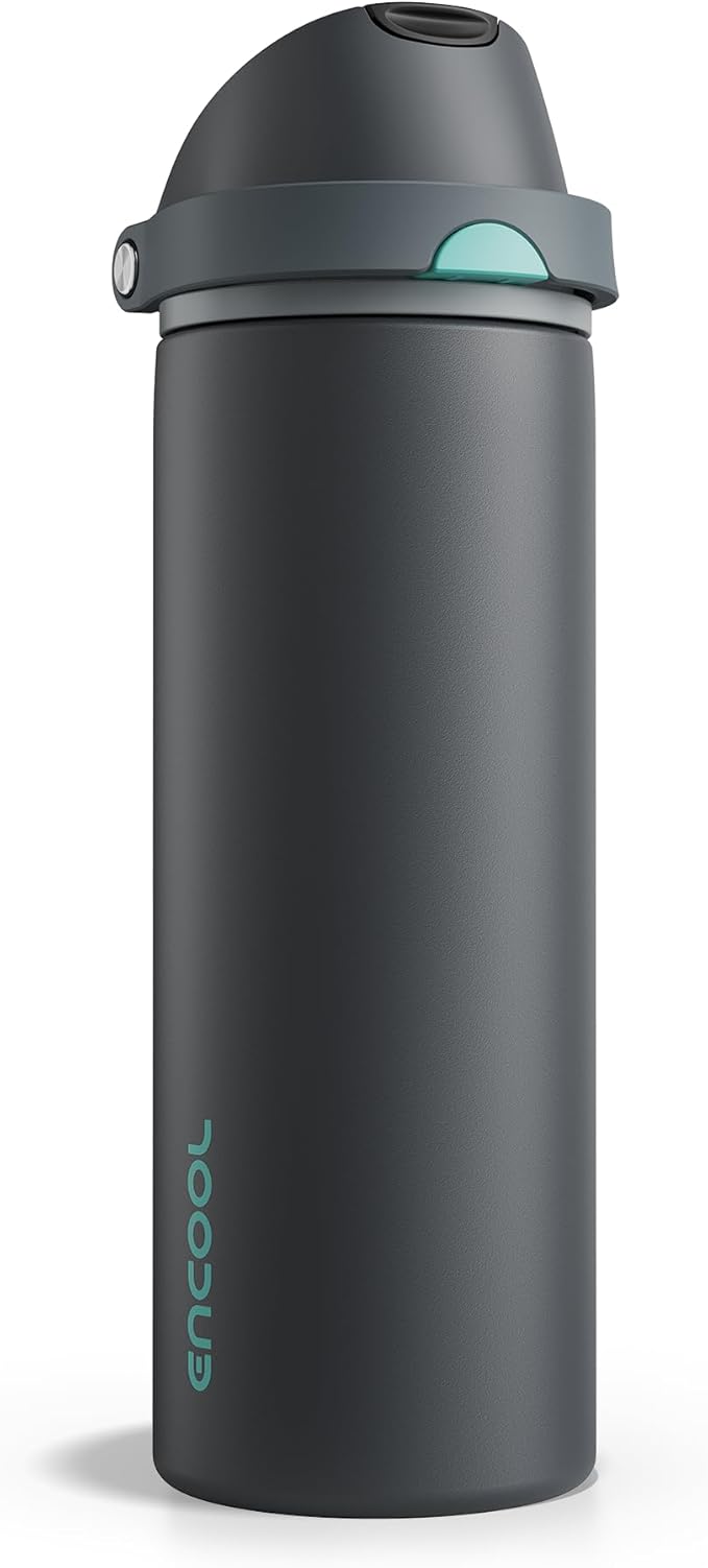 Insulated Water Bottle with Straw - Encool Stainless Steel Water Bottle with Push Button Lid, Leak-Proof & BPA-Free, Keeps Cold for 24 Hours for Sports, Travel, Gym (24 oz, Tuna Grey-Green) ENCOOL