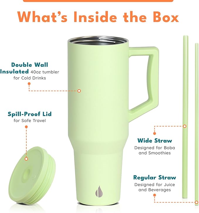 Elemental 40 oz Tumbler with Handle and Straw - Spill Proof Insulated Stainless Steel Commuter for Hot and Cold Beverages - Travel Coffee Mug with 2 Straws & Spill Proof Lid - 40oz - Key Lime - Bloomnest