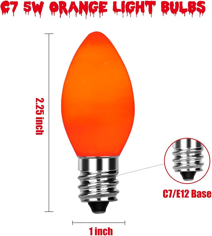 SUNSGNE C7 Christmas Orange Incandescent Night Light Bulbs, 25 Pack C7 Ceramic Replacement Bulbs for Outdoor String Lights, E12 Candelabra Base, 5 Watt, Ceramic Orange - Bloomnest