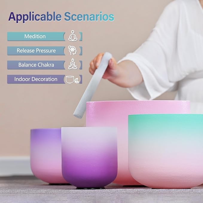 440HZ 6"-12" Set of 7 PCS Frosted Quartz Color Crystal Singing Bowl Set Sound Healing with Sound Bowl Mallet Suede Stick Heavy Duty Carry Cases - Bloomnest