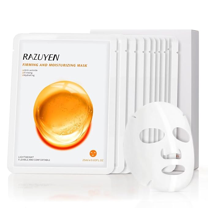 Firming and Moisturizing Sheet Face Masks (Pack of 10) with Hyaluronic Acid and Peptides, Reduce Fine Lines and Wrinkles, Hydrating & Anti-Aging Spa Face Mask, Facial Skin Care - Bloomnest