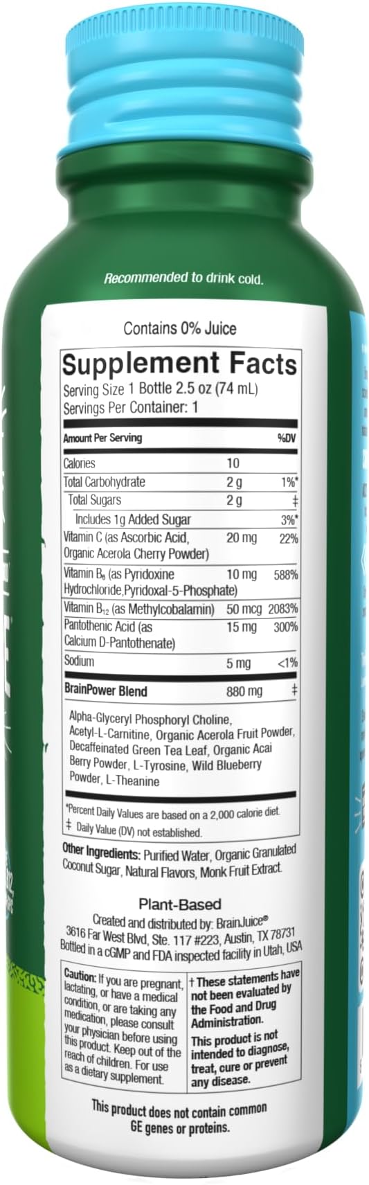 BrainJuice Decaf Brain Support Shot, Gluten Free Supplement Shots for Energy & Focus, Healthy Drinks with Alpha GPC, Vitamin B & Decaffeinated Green Tea Leaf, Classic, 2.5 fl oz, 12 Pack - Bloomnest