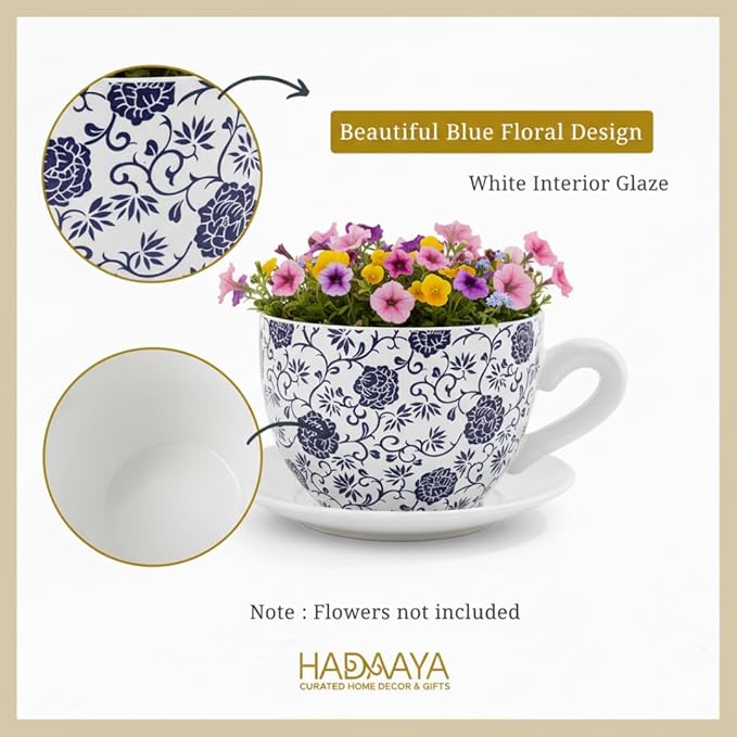 7.5" Ceramic Teacup Planter Pot with Saucer | Ideal for Succulents, Orchids, Herbs & Flowers | Indoor Use| Thoughtful Gift for Birthday, Gift Basket, Sympathy & More – White Blue Floral Teacup Planter - Bloomnest