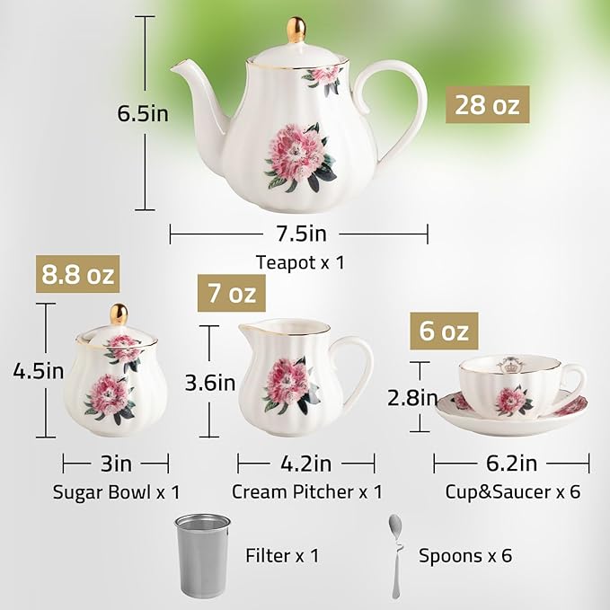 Porcelain Tea Sets British Royal Series, 8 OZ Cups & Saucer Service for 6, with Teapot Sugar Bowl Cream Pitcher Teaspoons and Tea Strainer, Suitable for High Tea, Wedding, Party（Spring Flowers） - Bloomnest