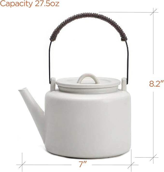 Small Stove Safe Ceramic Teapot with Cold Touch Curved Handle (27oz) - Hand-Glazed Finish - Suitable for Boiling Water and a Variety of Teas and Herbs - Matte Black-White - Bloomnest