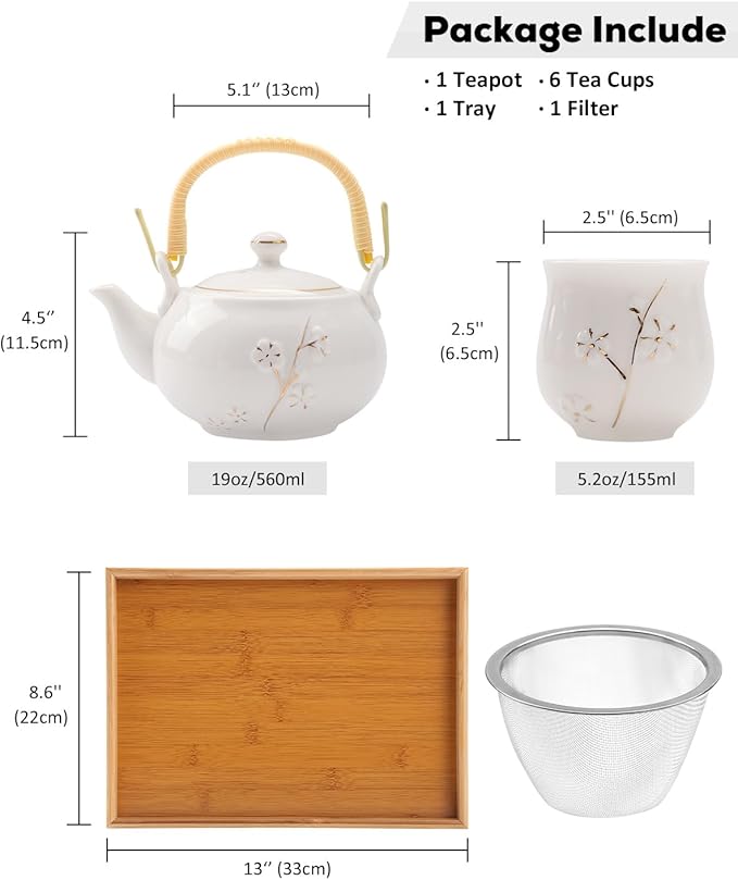 Dujust Japanese Tea Set, White Porcelain Tea Set with 1 Teapot Set, 6 Tea Cups, 1 Tea Tray, 1 Stainless Infuser, Cute Asian Tea Sets for Adults/Tea Lover/Women/Men (Plum in Golden) - Bloomnest