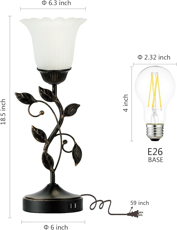 RORIANO Set of 2 Touch Bedside Vintage Lamps with 2 USB Ports, 3-Way Dimmable Flower Lamps, White Glass Shade Rustic Leaf Lamp for Bedroom Side Table, LED Bulb Included - Bloomnest