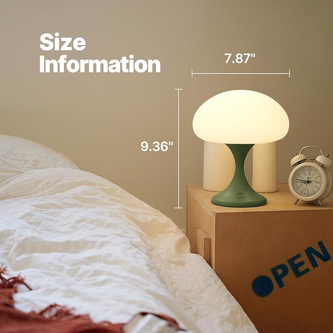 Mushroom Lamp, 5W LED Cordless Rechargeable Table Lamp with Glass Shade, Small Retro Dimmable Touch Light with 3 Color Temps, Aesthetic Mid Century Bedside Light for Bedroom Ambient, Green - Bloomnest