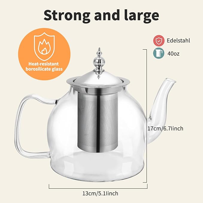 Glass Teapot 40oz/1200ml with Removable Infuser, Borosilicate Clear Tea Kettle, Stovetop Safe Tea Kettle Blooming Loose Leaf Teapots, for Camping, Travel - Bloomnest