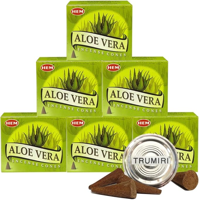 TRUMIRI Incense Cone Holder Bundle with Hem Aloe Vera Incense Cones - Pack of 6 (Approx 60 Cones) TRUMIRI