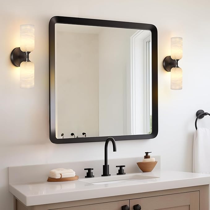 14in Modern Spanish Natural Marble Bathroom Vanity Sconces, Alabaster Wall Sconces Set of Two, Black Alabaster Sconce Wall Lighting, Black Wall Light Fixtures Decor - Bloomnest