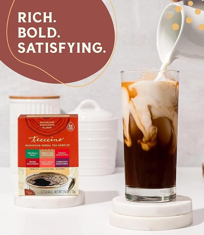 Teeccino Mushroom Herbal Tea - Mushroom Adaptogen Tea Sampler - 12 Tea Bags - Support Your Health With Mushrooms and Adaptogenic Herbs, Prebiotic, Caffeine Free, Acid Free - Bloomnest
