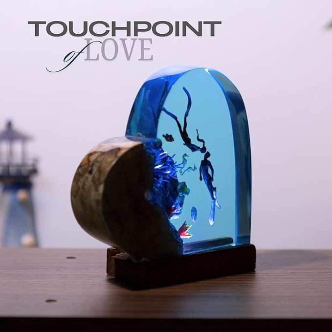 Handmade 3D Ocean Resin Lamp, Epoxy Ocean Night Light with Wooden Base, LED Color Changing Table Lamp, USB Powered Dragons Decor, Unique Ocean Gift for Bedroom & Home Office (Heart Shape) - Bloomnest