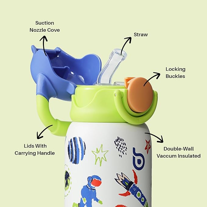 BOTTLE BOTTLE Kids Insulated Water Bottle with Straw Lid and Handle 16 oz Stainless Steel Vacuum Tumbler Water Bottles for School Outdoor Travel Gifts for Boys and Girls Astronaut - Bloomnest