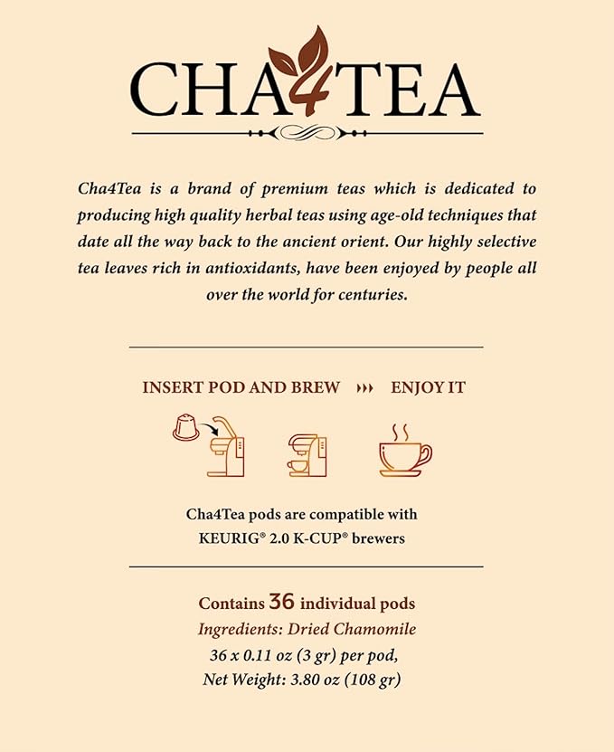 Cha4Tea 36-Count Pure Camomile Herbal Tea Pods Compatible with Keurig Brewers - Bedtime/Sleep-well/Nightly Calm/Relaxing Tea - Bloomnest