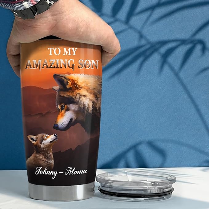 SANDJEST Personalized Wolf Tumbler To Son From Mom 20oz 30oz Tumblers with Lid Gift for Son Christmas Birthday - Bloomnest