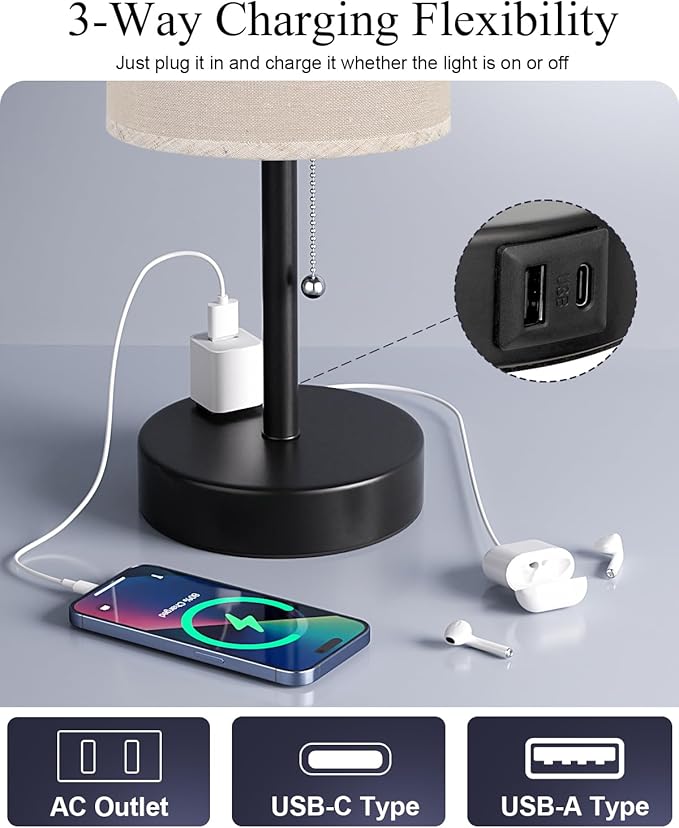 Fenmzee Plus Beige Bedside Table Lamps Set of 2-3 Color Temperatures Pull Chain Lamp with AC Outlet Charging Port, Two Round Night Stand Lamps for Bedroom Guest Room Office, Bed Side Light - Bloomnest