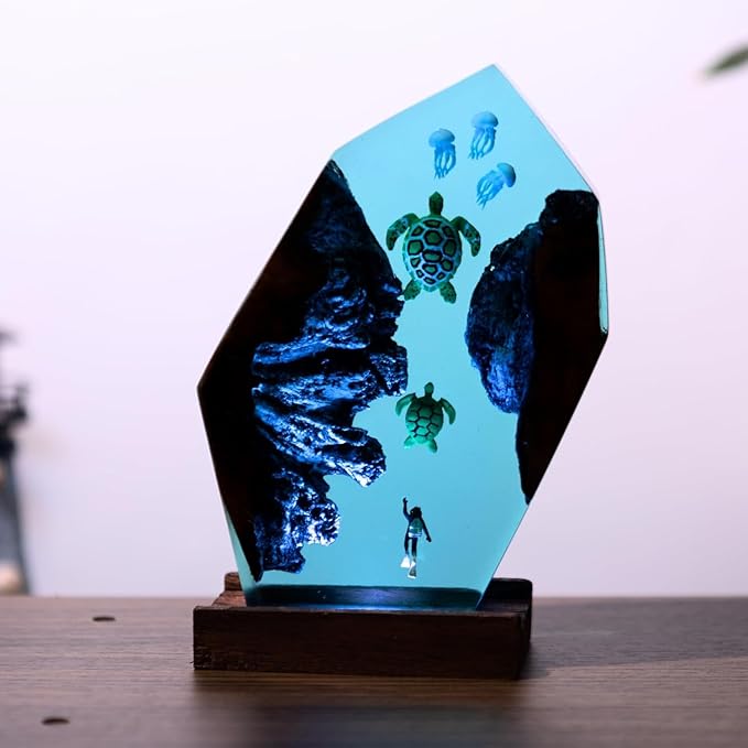 Handmade 3D Ocean Resin Lamp – LED Color Changing Night Light, Artistic Sea Turtle & Coral Scene, Unique Coastal Home Decor Gift for Ocean & Nature Lovers - Bloomnest