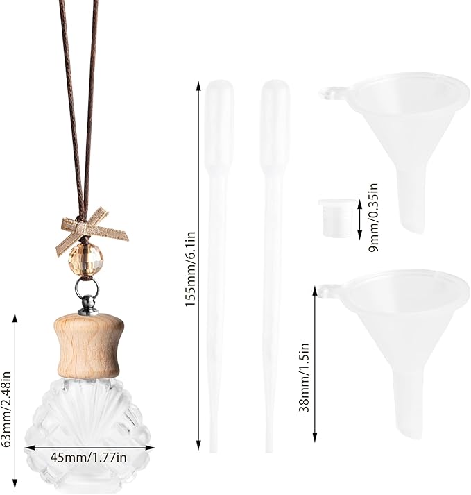 6 Pack Leak-Proof Hanging Car Diffuser - 8ml Refillable Empty Bottles with Wood Caps, 3 Funnels & 2 Droppers - Essential Oil Air Freshener for Car, Home or Office (6, Seashell) - Bloomnest