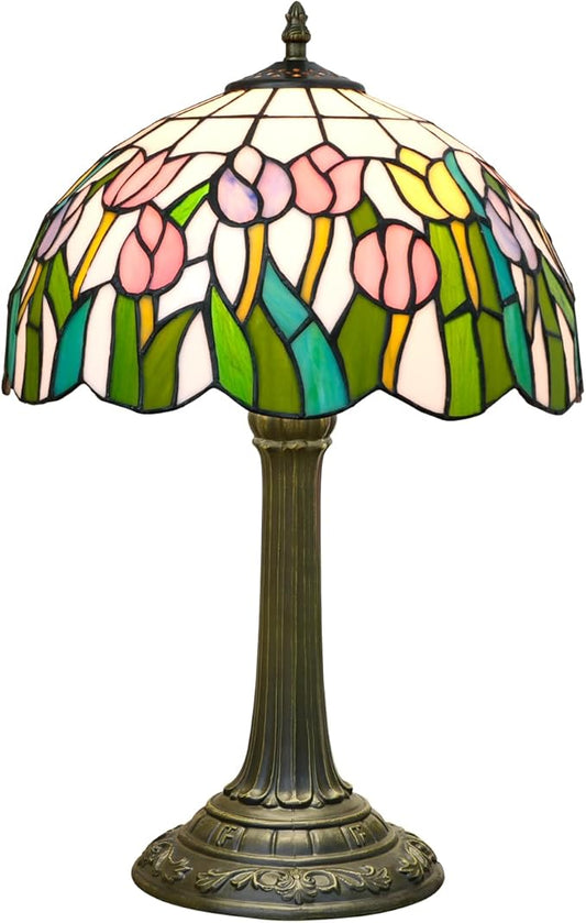 Tiffany Lamp Pink Orange Tulips Style Stained Glass Table Lamp Vintage Bedroom Bedside Light for Home Dorm Office Art Craft Antique Decor Accent Aesthetic Nightstand Reading Light 12x12x19 Inches - Bloomnest