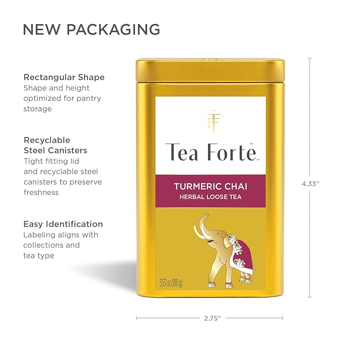 Tea Forte Turmeric Chai Premium Loose Leaf Caffeine-Free Herbal Tea Blend Canister, Makes 35-50 Cups - Bloomnest