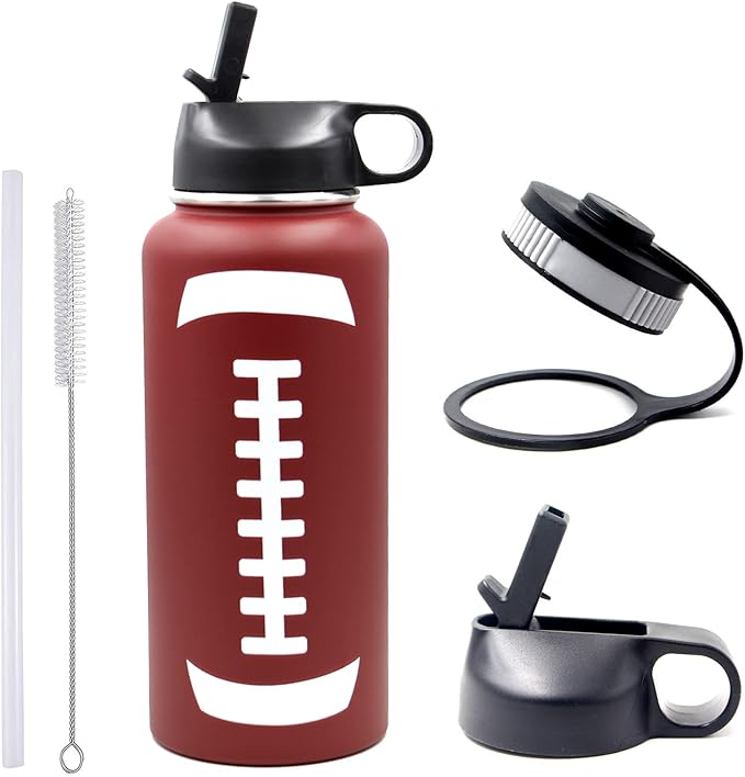 32 oz Football Water Bottle with Straw, Wide Mouth Sports Flask Metal Travel Tumbler with 2 Lids, Stainless Steel Double Wall Vacuum Insulated Thermo Water Bottles, Football Gear Gifts for Boys Girls - Bloomnest