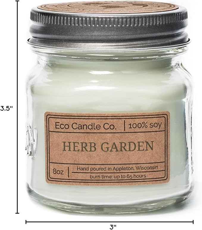 ECO CANDLE CO. Mason Jar Candle, Herb Garden, 8 oz. - Scents of Tarragon, Bergamot, Grapefruit, & Jasmine - 100% Soy Wax, No Lead, Kraft Label & Antiqued Pewter Lid, Hand Poured, Midwest Soybeans - Bloomnest