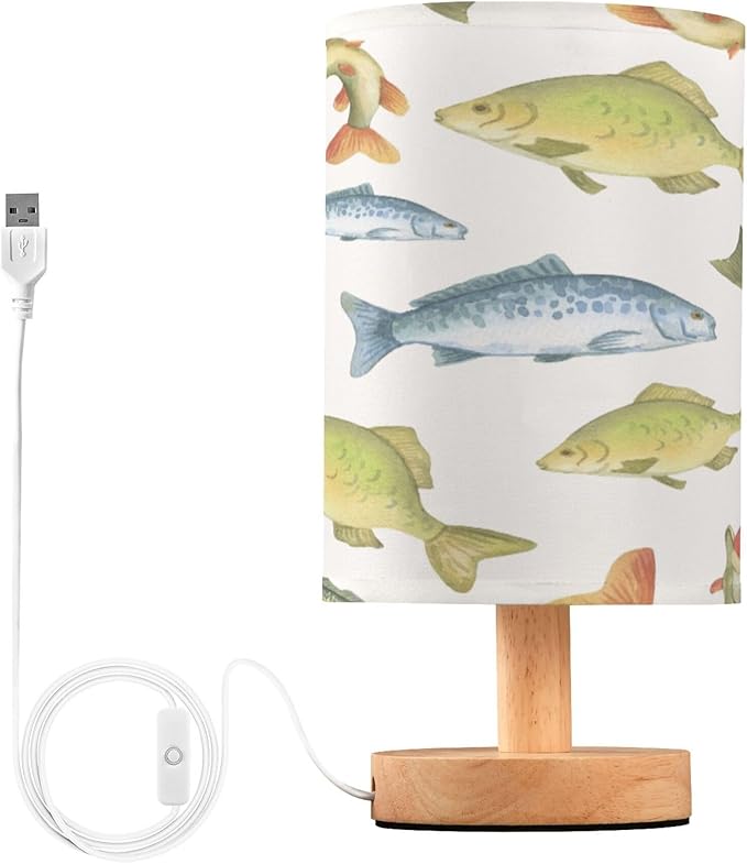 Fishing Watercolor Animal LED Table Lamp with USB Port Night Light Bedroom Lamps for Nightstand Living Room Dorm Home Office Desk - Bloomnest