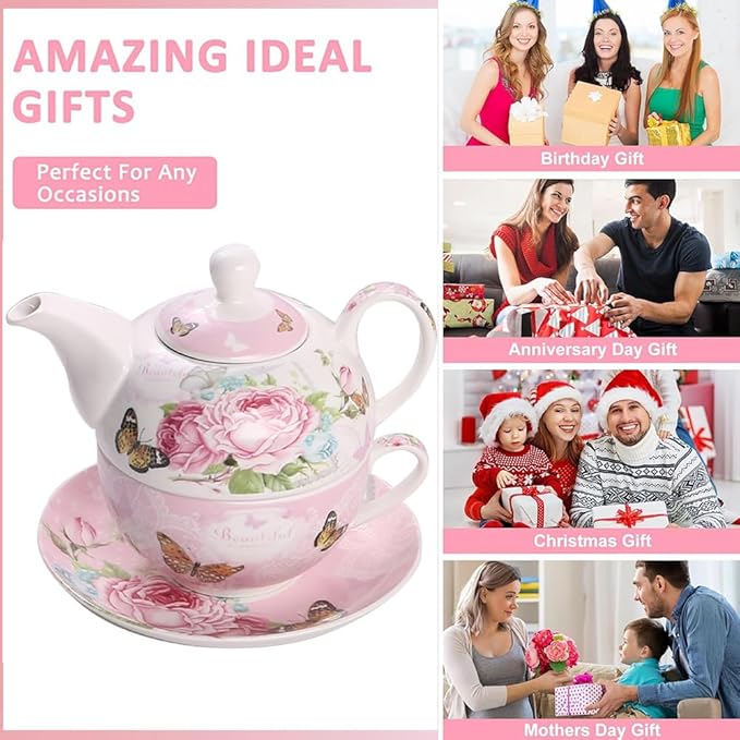 ONEUSTAR Tea for One Set Ceramic Floral Teapot and Cup Saucer Set for Women Afternoon Tea Mother's Day Gift in Reusable Gift Box, Pink Rose Flower - Bloomnest