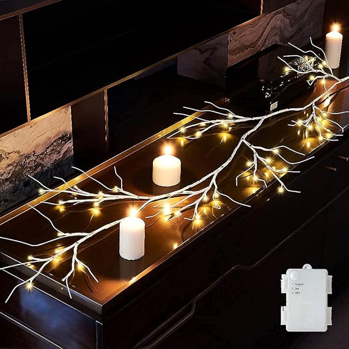 Birchlitland Birch Garland Lights 6FT 48 LED Battery Operated - Lighted Twig Vine with Timer for Christmas Fireplace Decoration Indoor Outdoor Use - Bloomnest