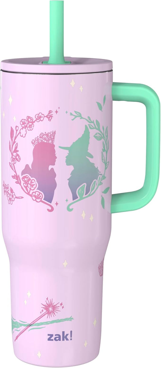 Zak Designs Wicked: For Good Sutton Travel Tumbler for On the Go, 30oz Stainless Steel with Vacuum Insulation, Silicone Straw, and Carry Handle for Cold Drinks (Glinda and Elphaba) - Bloomnest