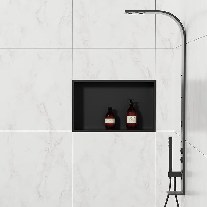 Stainless Steel Shower Niche 20" X 12" Matte Black No Tile Needed Niche Shower Recessed Wall Horizontal Niches for Bathroom Storage Over Mount Installation - Bloomnest