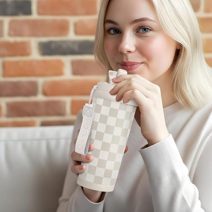 Checkered Tumbler - Stainless Steel 2-in-1 Lid Coffee Tumbler 18 oz, Checker Insulated Travel Mug Gift for Women Girls Teens, Birthday Christmas (Beige) - Bloomnest
