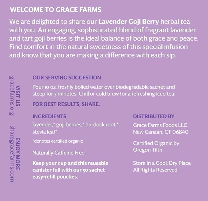 Grace Farms LAVENDER GOJI BERRY Herbal Tea (16 Pyramid Sachets) | Naturally Sweet, Stress Relieving and Caffeine Free | Organic and Kosher Certified | Gives Back 100% of Profits - Bloomnest