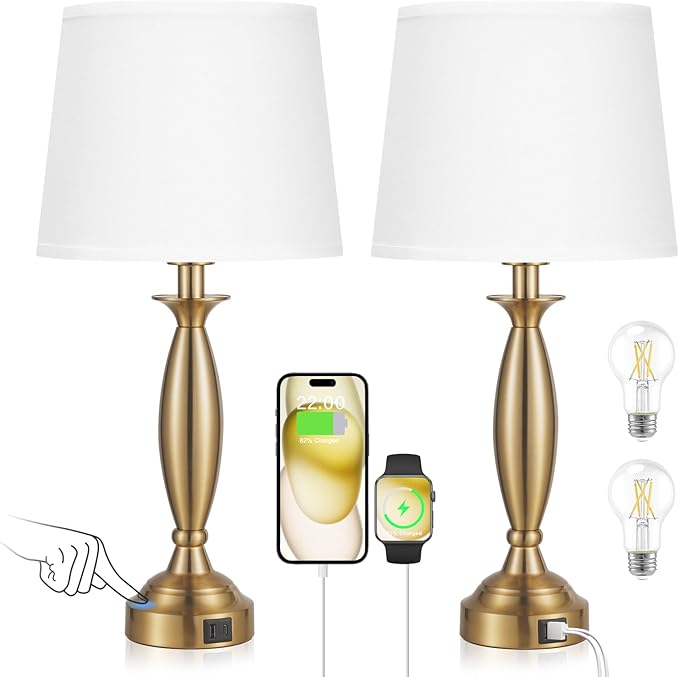 White Gold Lamps for Bedrooms Set of 2 - Touch Control Bedside Lamp with USB C+A, 3 Way Dimmable Nightstand Lamps with USB Port, Table Lamp for Living Room(White Shade and Gold Base) - Bloomnest
