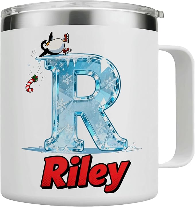 JugJug Personalized Christmas Mug with Ice Initial & Name - Funny Skating Penguin 12oz Insulated Coffee Cup w/Lid - Cool Xmas Gifts for Kids, Girls (B176) - Bloomnest