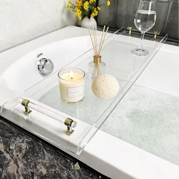 WANLIAN 33inch Luxury Bathtub Caddy Tray for Bathroom Bath tub Table Caddy Shelf for Shower Storage Organizer tub Accessories for Bath tub Table Caddy (Gold-Clear) - Bloomnest