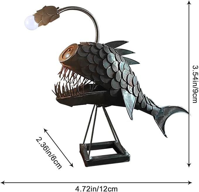 Rustic USB Angler Fish Lamp, Cafele Shark Lamp Steampunk Style Table Lamp, Simulation Flame LED Bulbs Lights, Handmade Night Lights, Book Lights, Industrial Creative Decor for Home/Office (Medium) - Bloomnest