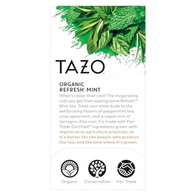 TAZO Organic Refresh Mint Herbal Tea Bags, Caffeine Free, 16 Total Tea Bags - Bloomnest