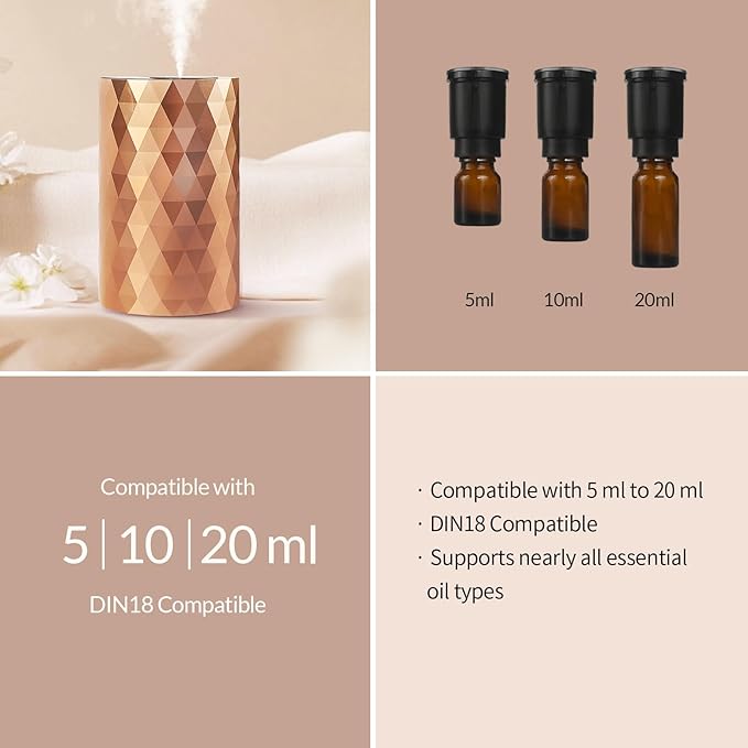 Waterless Diffuser for Essential Oil,Aromatherapy Air Scent Diffuser with 3 Mist Modes and 3 Countdown Timers,Mini Portable Scent Machine for Home,Room,Car,Office,Rose Gold - Bloomnest