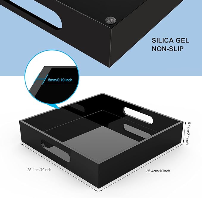 Home Decorative Coffee Table Tray, 10"x10" Elegant Acrylic Serving Trays with Handles Works for Eating, Breakfast, Makeup Drawer Organizer,Bathroom Vanity Table,Ottoman Tray, Black - Bloomnest