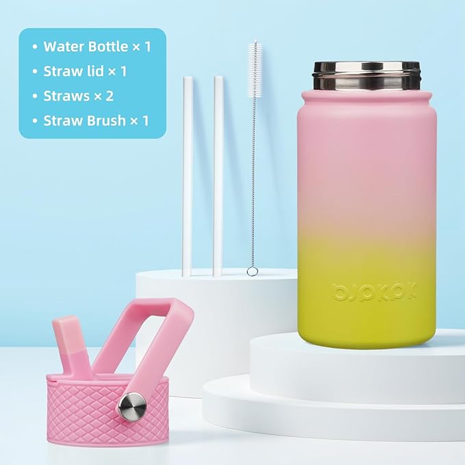 BJPKPK Insulated Water Bottle with Straw Lid, 15oz Cute Water Bottles, Stainless Steel Metal Thermo, Reusable BPA Free Leak Proof Tumblers, Cups,Tulips - Bloomnest