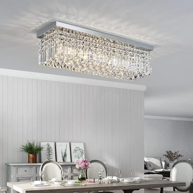 Saint Mossi 5-Lights Modern K9 Crystal Chandelier Light Fixture, Flush Mount Chandelier for Dinning Room, H9 x W10 x L31, Clear Crystal & Chrome Finish - Bloomnest