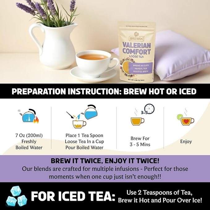 BREWIX, Valerian Comfort Tea for Sleep and Relaxation (40+ Cups, 2.82oz/80g) Caffeine-Free and Calming for Bedtime | Valerian Root, Chamomile & Lavender | Perfect Wellness Sleep - Bloomnest