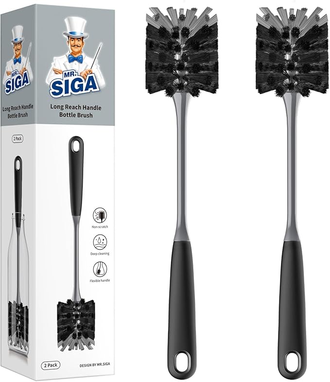 MR.SIGA Long Handle Bottle Brush, Flexible Scrub Brush for Water Bottles, Glasswares, Mugs, Black, 2 Pack - Bloomnest
