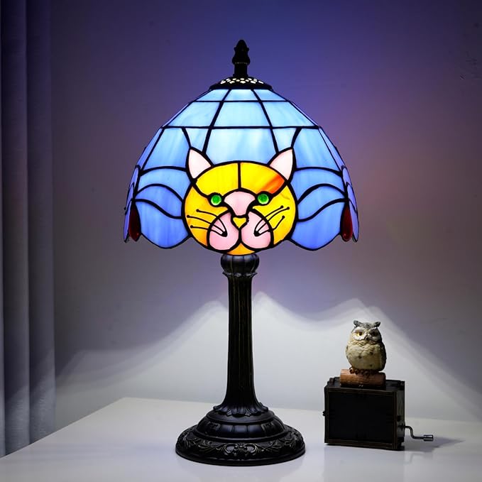 Tiffany Lamp Cat Stained Glass Table Lamp 8 Inch Orange Warm Ambient Lighting Bedroom Small Nightstand Dorm Cafe Office Corner Vintage Home Decoration Tiffany Style Table Lamp Blue cute Cat Lamp - Bloomnest