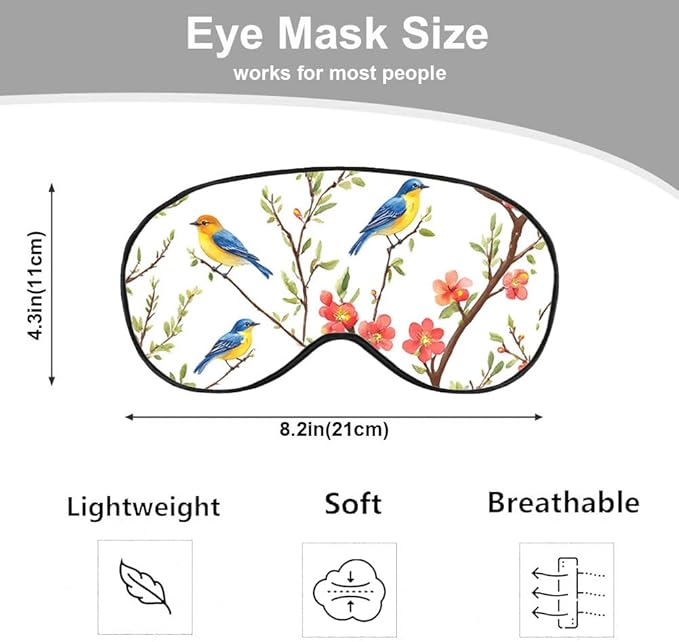 Cute Blue Birds Sleep Eye Mask Eye Cover Tree Branch Green Leaves Red Flower Silk Eye Mask for Sleeping with Adjustable Strap for Travel Nap Shift Work Office - Bloomnest